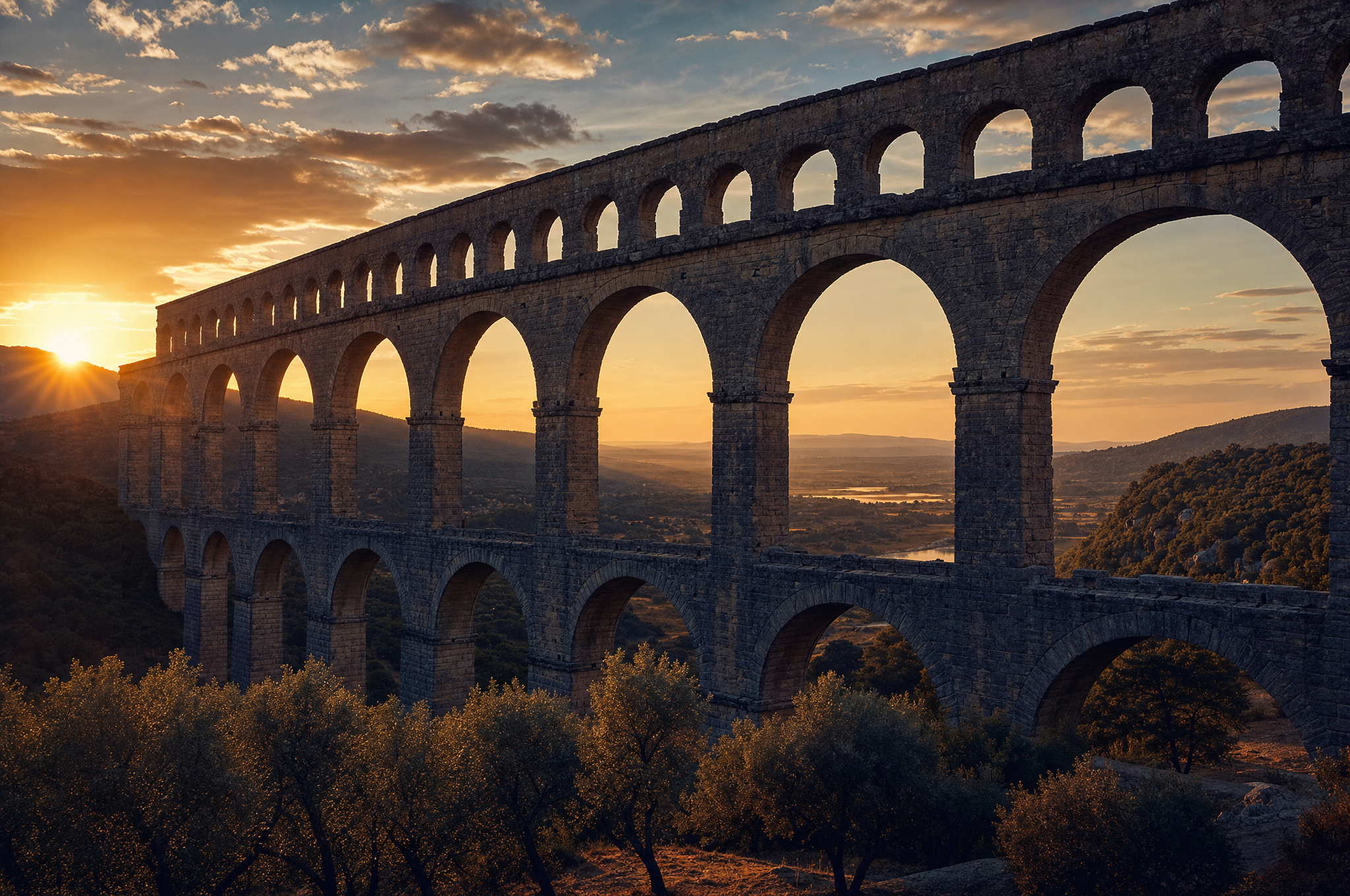 Ancient Roman aqueduct with stone arches at sunset