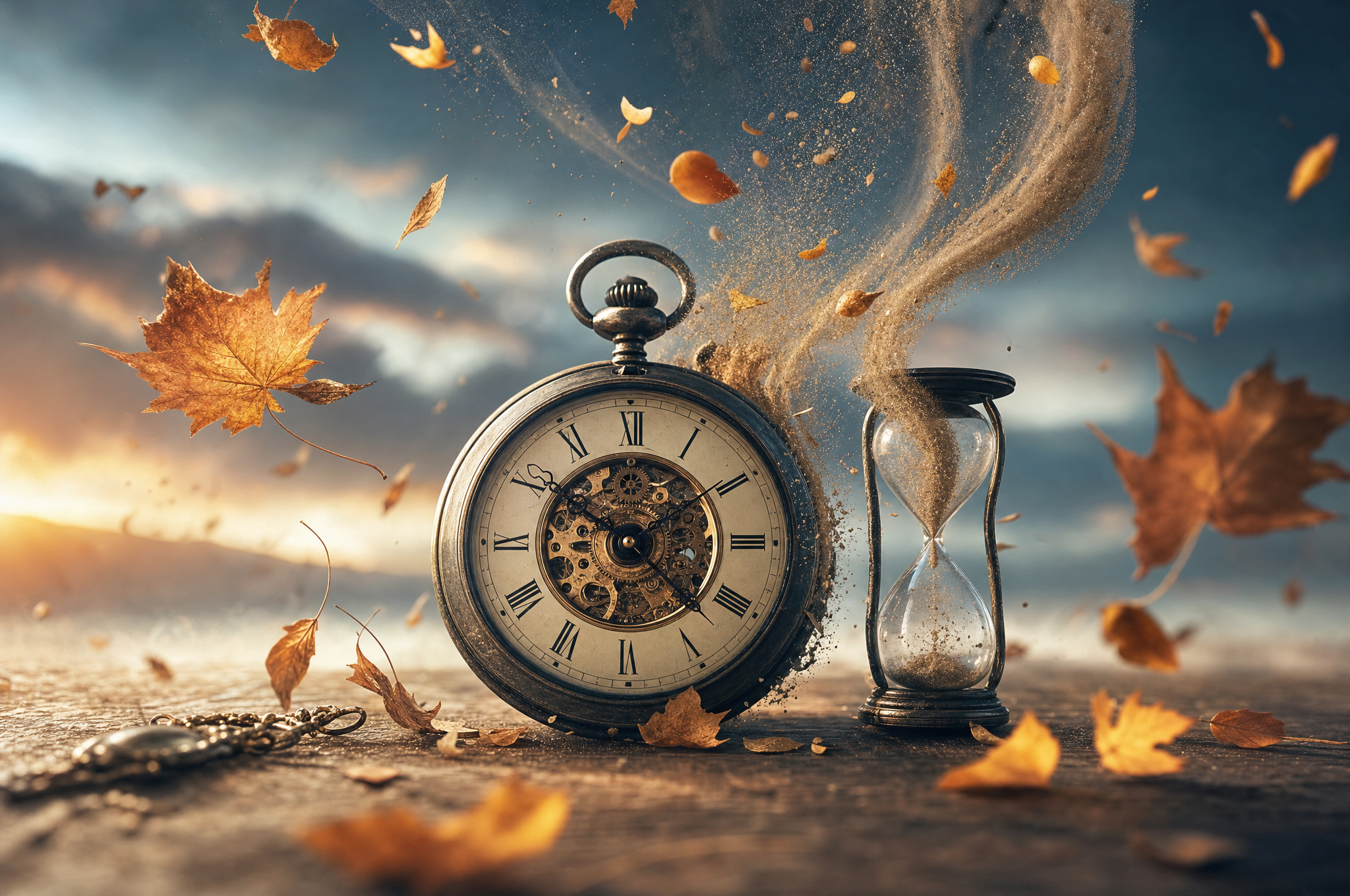 A vintage pocket watch surrounded by floating autumn leaves and hourglass sand