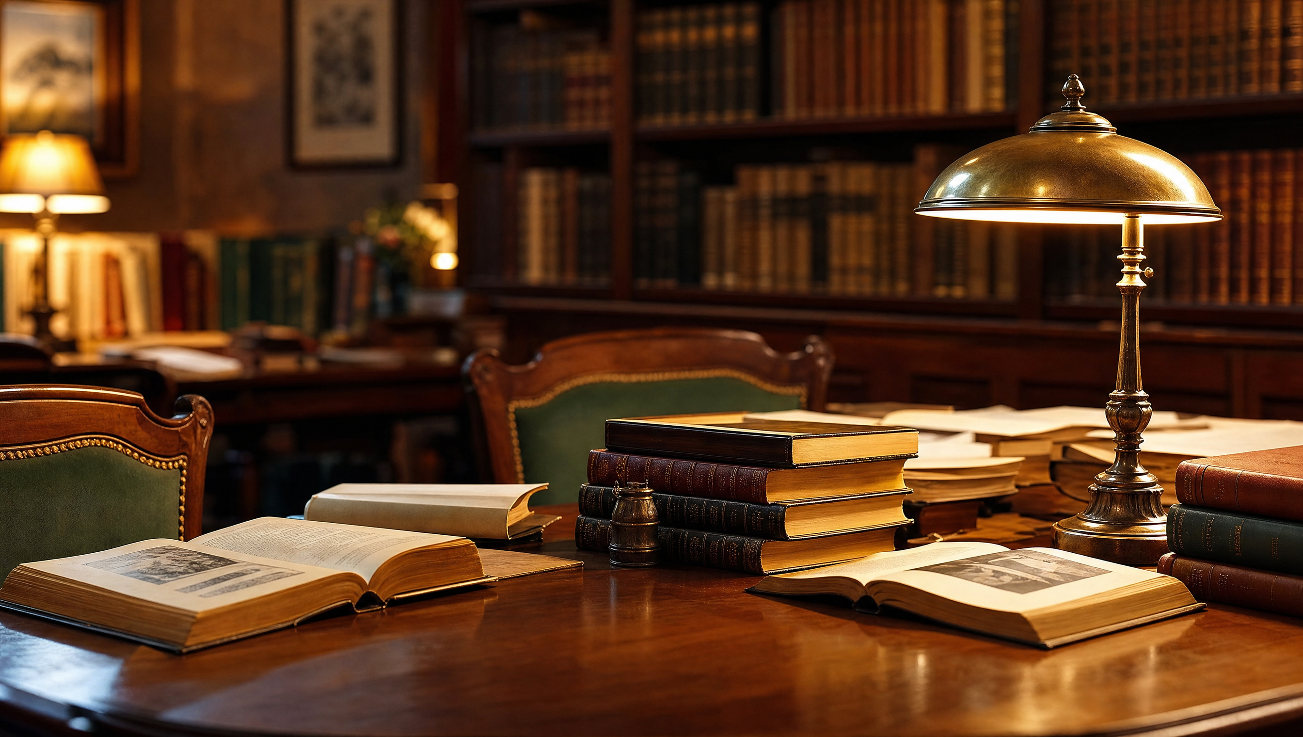 A warm, inviting library with open books and a glowing amber desk lamp